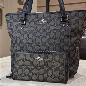 Coach Gray and Black Signature Tote and Wallet Set